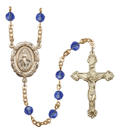 6mm Crystal Gold-Plated Rosary w/Gold-filled Center/Crucifix in Sapphire, Bliss Manufacturing