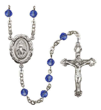 6mm Crystal Silver-Plated Rosary w/Sterling Center/Crucifix in Sapphire, Bliss Manufacturing