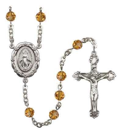 6mm Crystal Silver-Plated Rosary w/Sterling Center/Crucifix in Topaz, Bliss Manufacturing