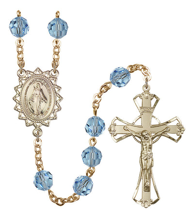 8mm Crystal Plated Rosary w/Gold-filled Center/Crucifix in Aqua, Bliss Manufacturing