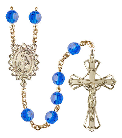 8mm Crystal Plated Rosary w/Gold-filled Center/Crucifix in Capri Blue, Bliss Manufacturing