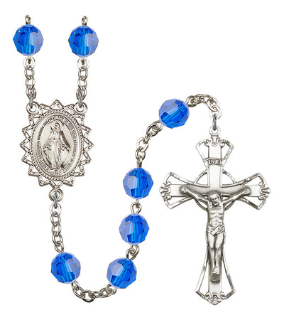 8mm Crystal Silver-Plated Rosary w/Sterling Center/Crucifix in Capri Blue, Bliss Manufacturing