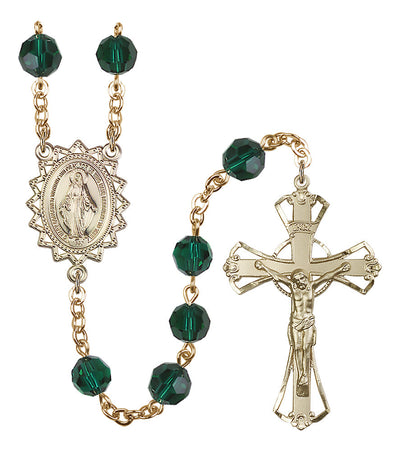 8mm Crystal Plated Rosary w/Gold-filled Center/Crucifix in Emerald, Bliss Manufacturing