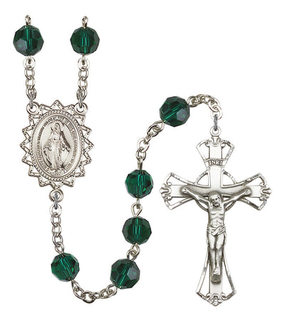 8mm Crystal Silver-Plated Rosary w/Sterling Center/Crucifix in Emerald, Bliss Manufacturing