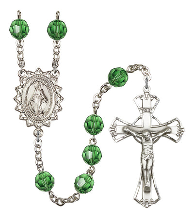 8mm Crystal Silver-Plated Rosary w/Sterling Center/Crucifix in Erinite, Bliss Manufacturing