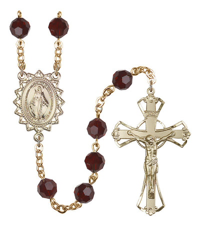 8mm Crystal Plated Rosary w/Gold-filled Center/Crucifix in Garnet, Bliss Manufacturing