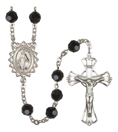 8mm Crystal Silver-Plated Rosary w/Sterling Center/Crucifix in Jet, Bliss Manufacturing