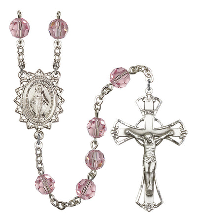 8mm Crystal Silver-Plated Rosary w/Sterling Center/Crucifix in Light Rose, Bliss Manufacturing