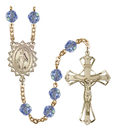 8mm Crystal Plated Rosary w/Gold-filled Center/Crucifix in Light Sapphire, Bliss Manufacturing