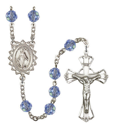 8mm Crystal Silver-Plated Rosary w/Sterling Center/Crucifix in Light Sapphire, Bliss Manufacturing