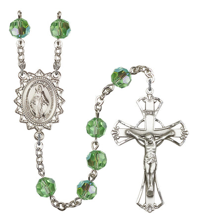 8mm Crystal Silver-Plated Rosary w/Sterling Center/Crucifix in Peridot, Bliss Manufacturing