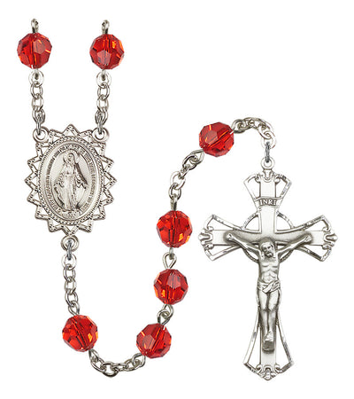 8mm Crystal Silver-Plated Rosary w/Sterling Center/Crucifix in Ruby, Bliss Manufacturing