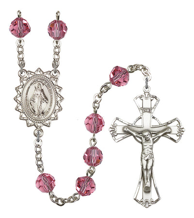 8mm Crystal Silver-Plated Rosary w/Sterling Center/Crucifix in Rose, Bliss Manufacturing