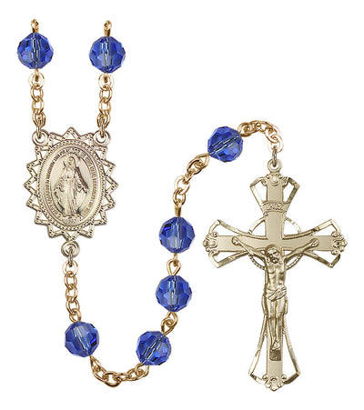8mm Crystal Plated Rosary w/Gold-filled Center/Crucifix in Sapphire, Bliss Manufacturing