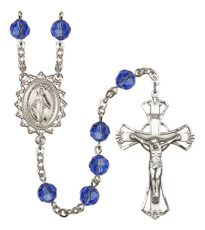 8mm Crystal Silver-Plated Rosary w/Sterling Center/Crucifix in Sapphire, Bliss Manufacturing