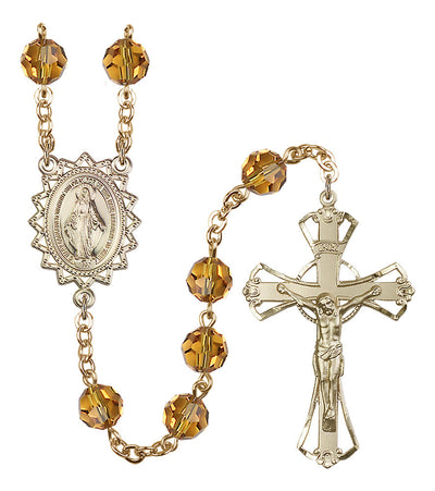 8mm Crystal Plated Rosary w/Gold-filled Center/Crucifix in Topaz, Bliss Manufacturing
