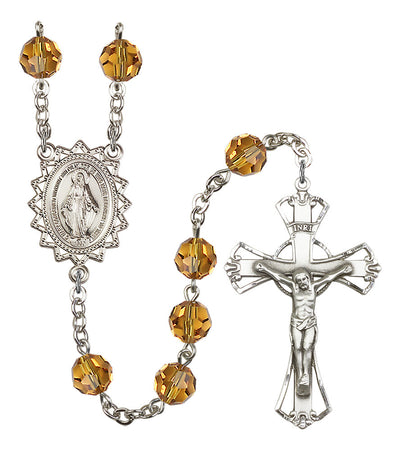 8mm Crystal Silver-Plated Rosary w/Sterling Center/Crucifix in Topaz, Bliss Manufacturing