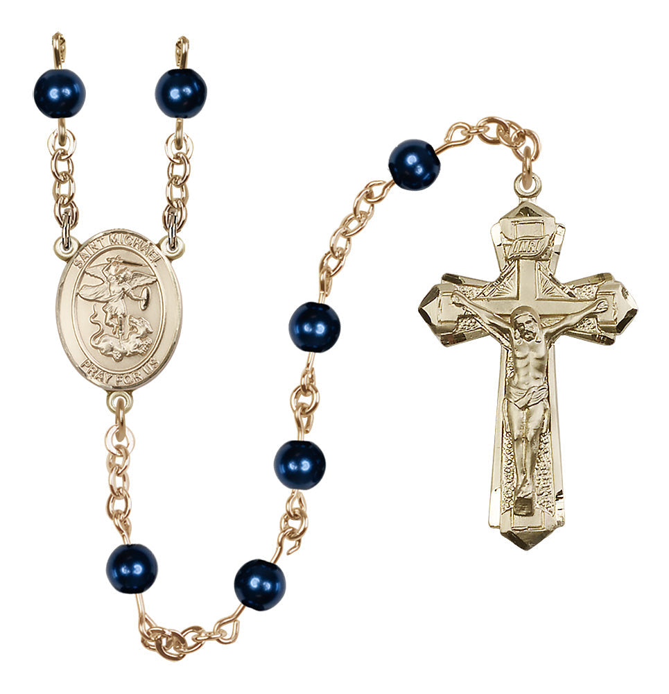 Bliss St Michael Imitation Blue Pearl Catholic 14kt Gold Rosary