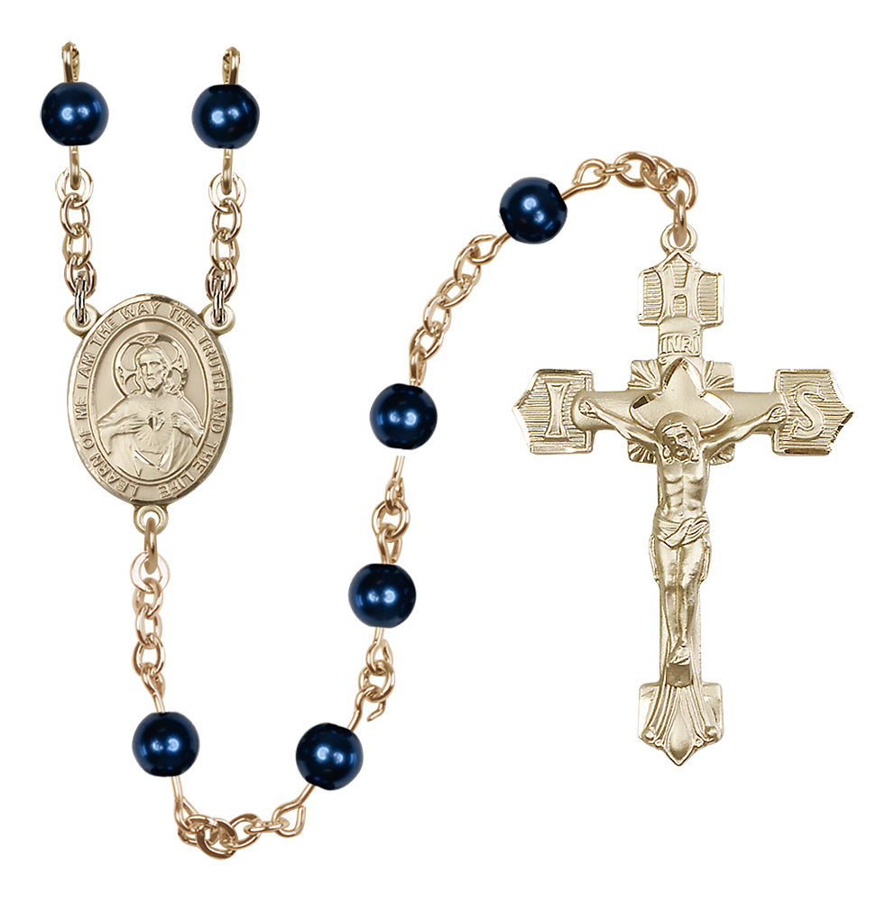 Bliss Jesus Scapular Gold-filled Blue Pearl Rosary