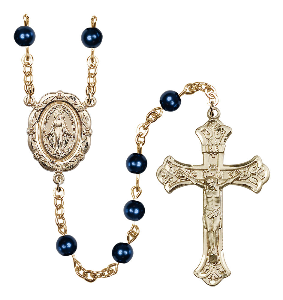 Bliss Catholic Gold-Plated 6mm Blue Pearl Miraculous Rosary