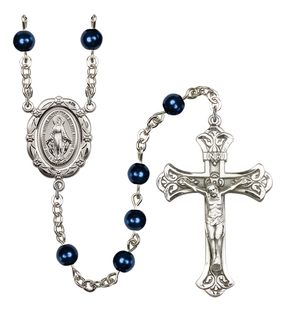 Bliss Catholic Silver-Plated 6mm Blue Pearl Miraculous Rosary