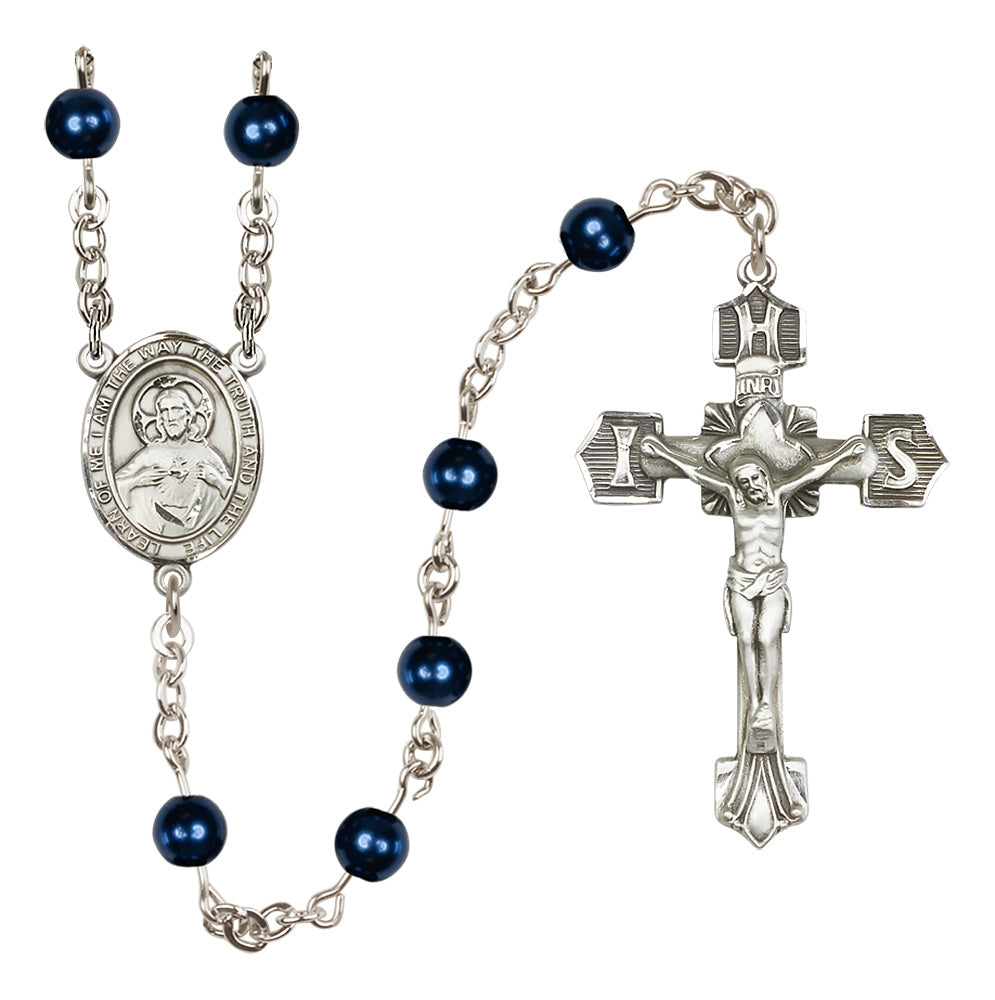 Bliss Jesus Scapular Sterling Silver Blue Pearl Rosary