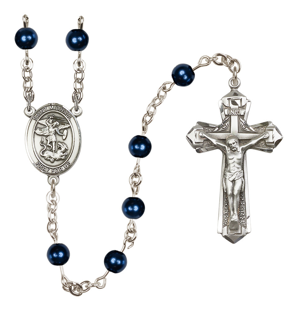 Bliss St Michael Sterling Silver Blue Pearl Catholic Rosary