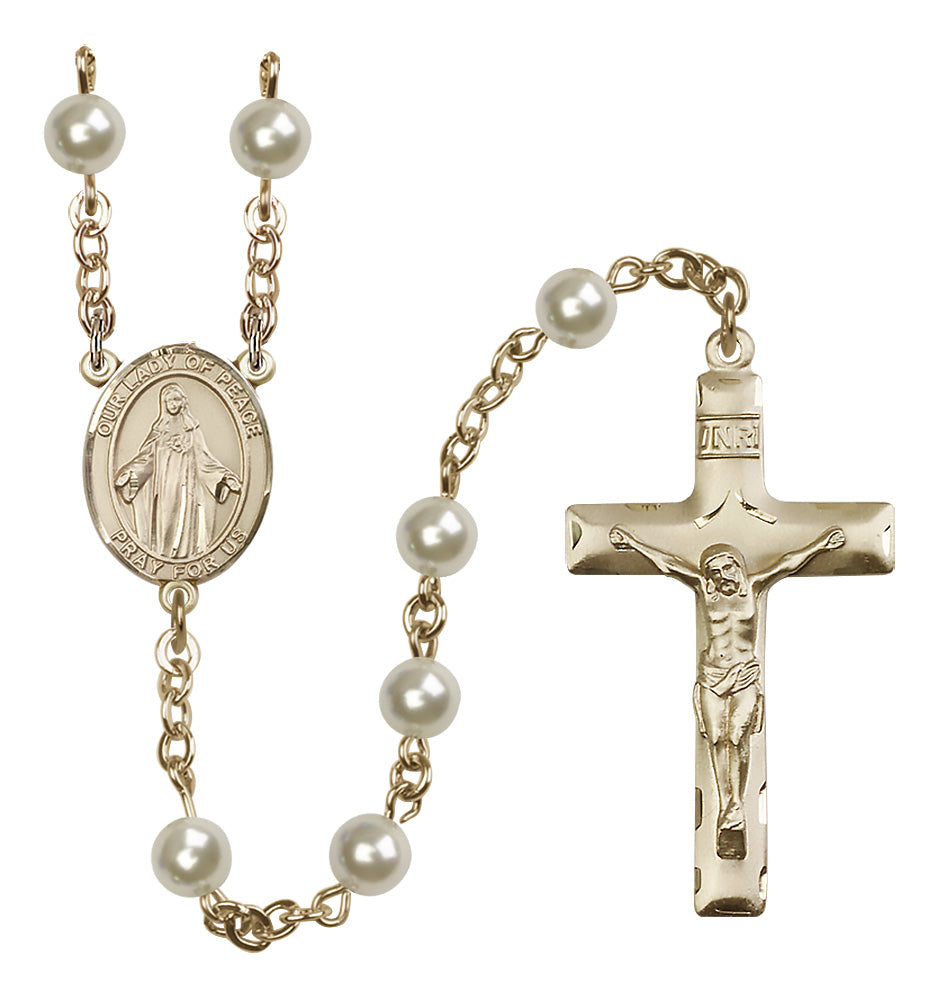 Bliss Our Lady of Peace Gold-filled Cream Rose Pearl Rosary,