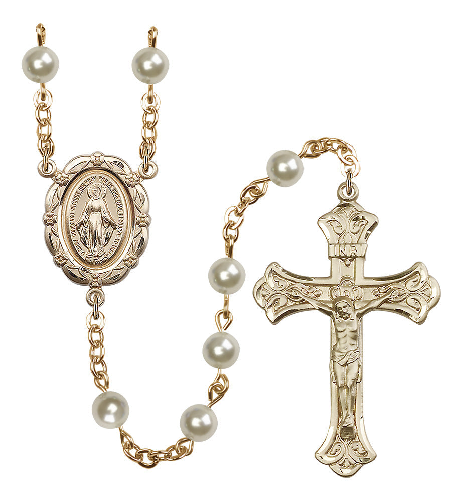 Bliss Catholic Gold-Plated 6mm Cream Pearl Miraculous Rosary