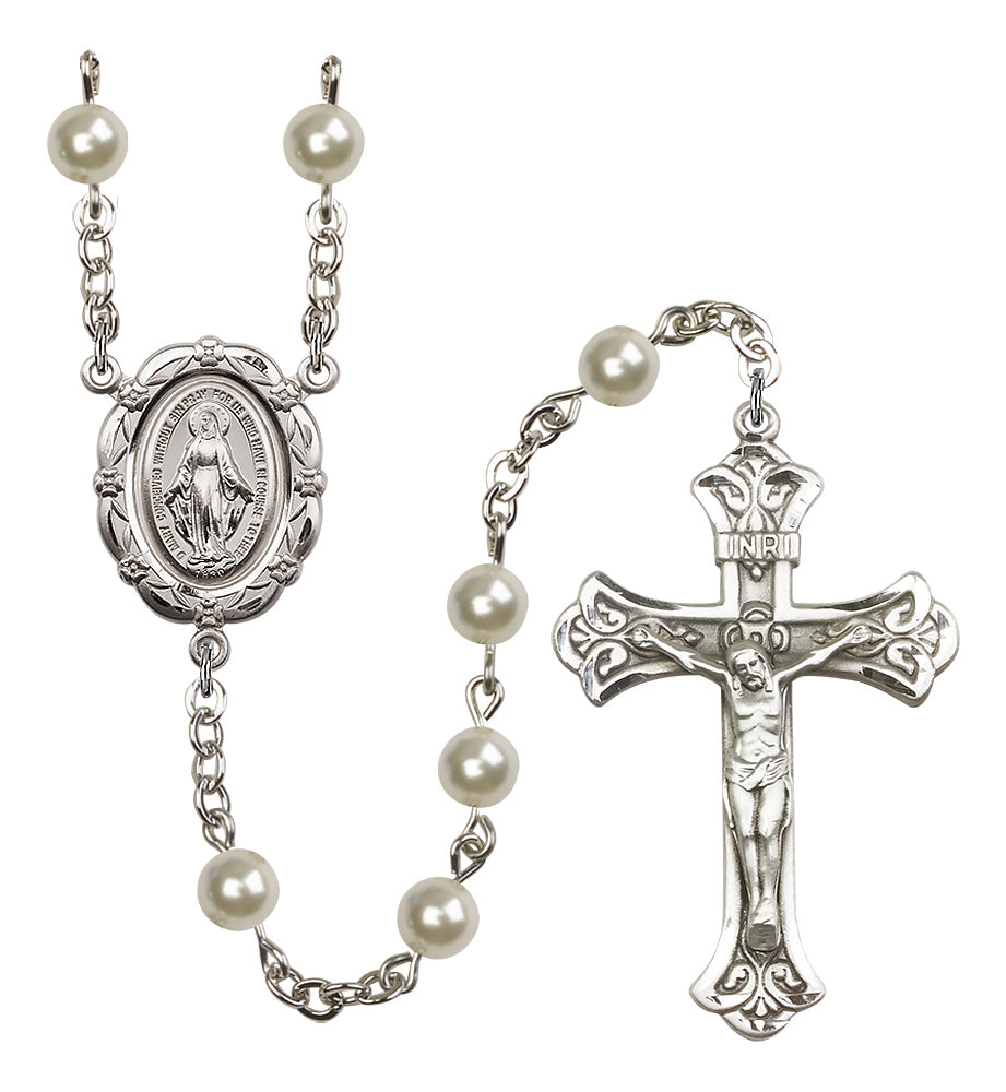 Bliss Catholic Silver-Plated 6mm Cream Pearl Miraculous Rosary