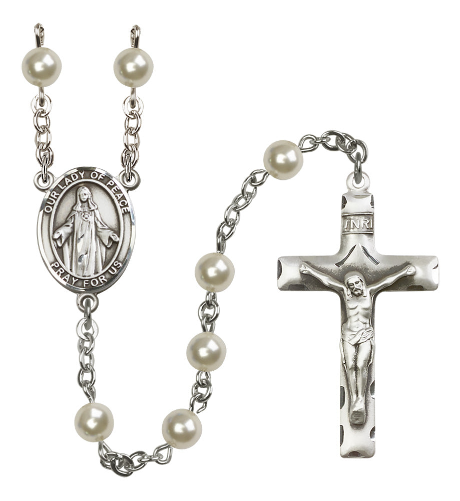 Bliss Our Lady of Peace Sterling Silver Cream Rose Pearl Rosary,