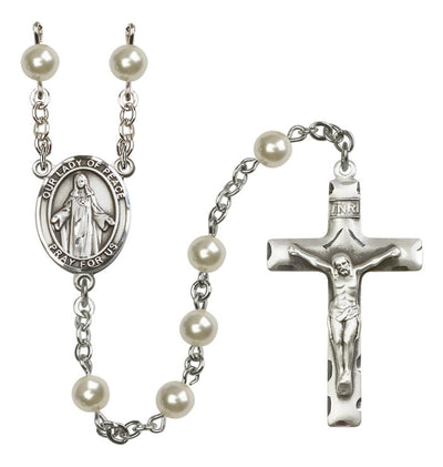 Our Lady of Peace Sterling Silver Cream Rose Pearl Rosary, Bliss Manufacturing