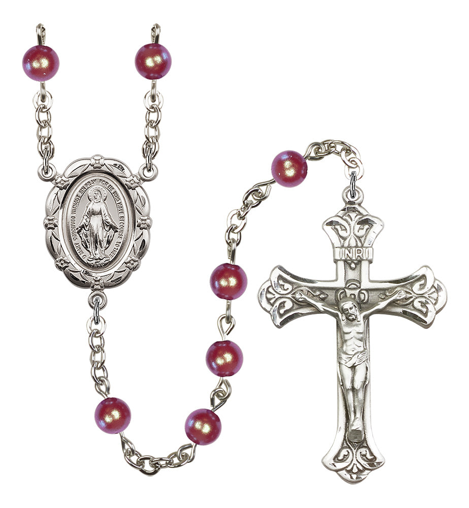 Bliss Catholic Sterling Silver 6mm Red Pearl Miraculous Rosary