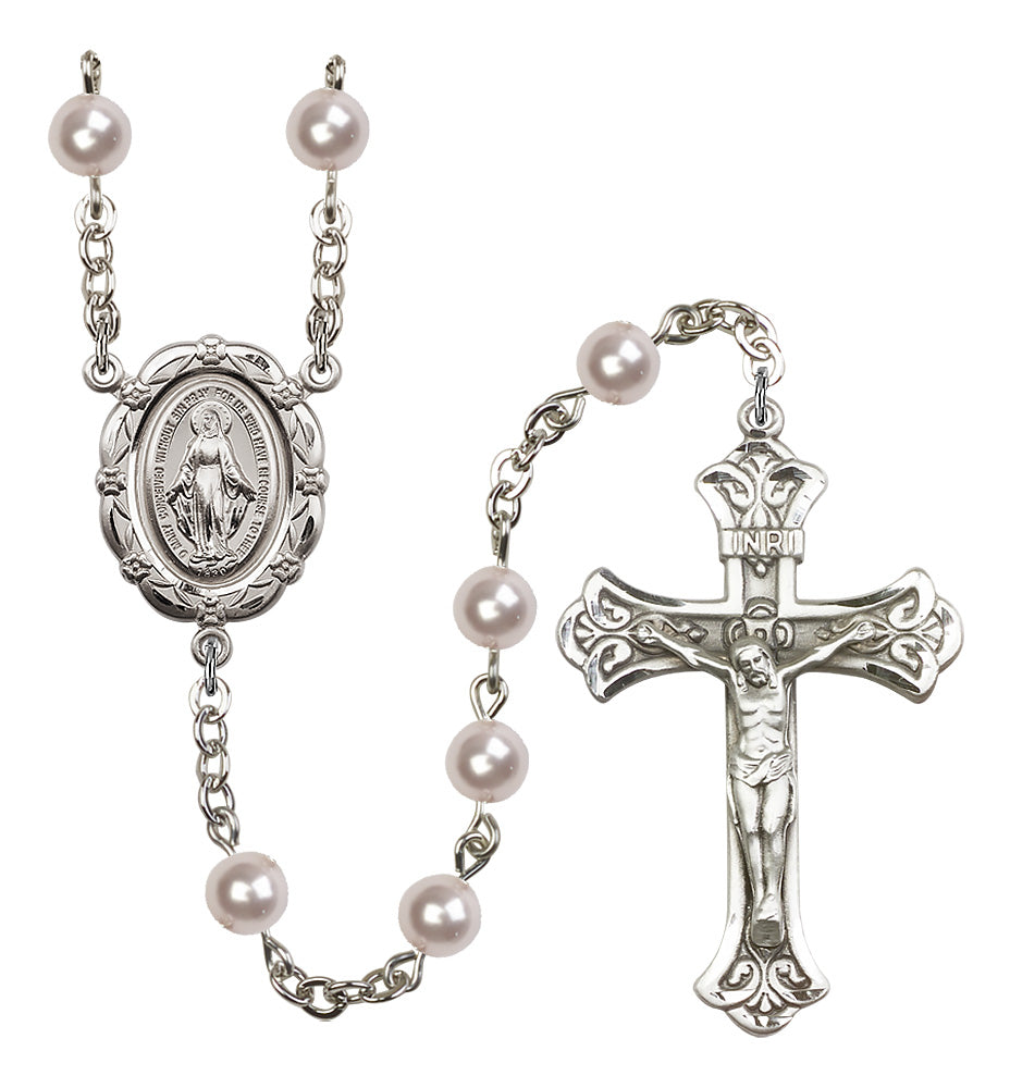 Bliss Catholic Silver-Plated 6mm Rose Pearl Miraculous Rosary