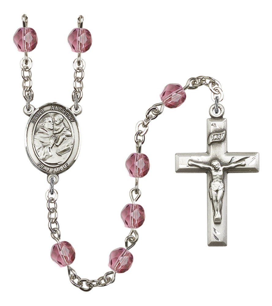 Bliss St Anthony of Padua Fire Polished Crystal Birthstone Rosary in Amethyst,