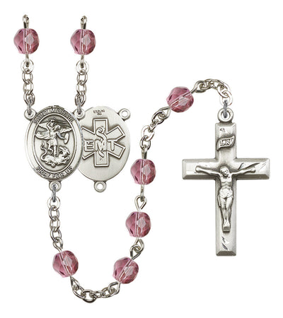 Pewter St. Michael EMT centerpiece and small traditional crucifix with 6mm Fire Polished Crystal Birthstone Rosary in Amethyst, Bliss Manufacturing