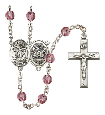 Pewter St. Michael Police Office centerpiece and small traditional crucifix with 6mm Fire Polished Crystal Birthstone Rosary in Amethyst, Bliss Manufacturing