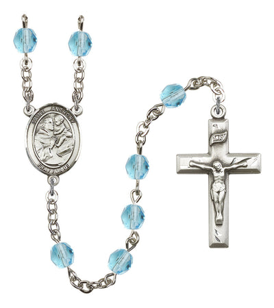 Pewter St. Anthony of Padua centerpiece and small traditional crucifix with 6mm Fire Polished Crystal Birthstone Rosary in Aqua, Bliss Manufacturing