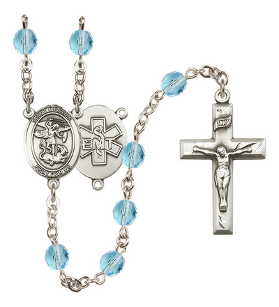 Pewter St. Michael EMT centerpiece and small traditional crucifix with 6mm Fire Polished Crystal Birthstone Rosary in Aqua, Bliss Manufacturing