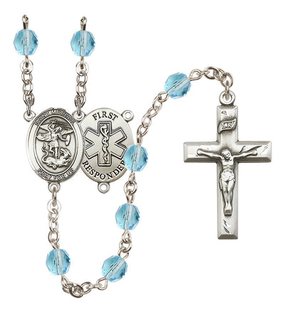 1st Responder St Michael Amethyst Birthstone Crystal Rosary in Aqua, Bliss Manufacturing