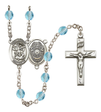 Pewter St. Michael Police Office centerpiece and small traditional crucifix with 6mm Fire Polished Crystal Birthstone Rosary in Aqua, Bliss Manufacturing