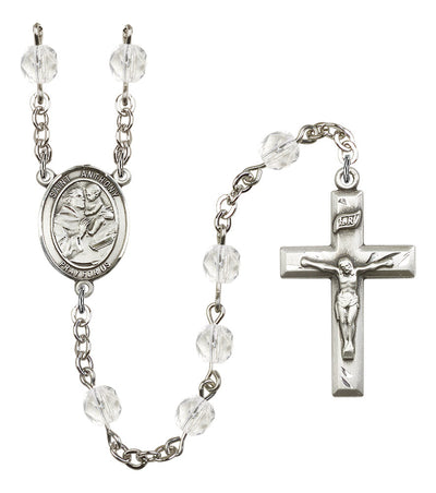 Pewter St. Anthony of Padua centerpiece and small traditional crucifix with 6mm Fire Polished Crystal Birthstone Rosary in Crystal, Bliss Manufacturing