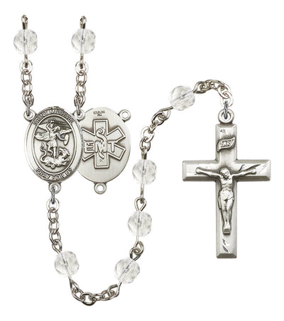 Pewter St. Michael EMT centerpiece and small traditional crucifix with 6mm Fire Polished Crystal Birthstone Rosary in Crystal, Bliss Manufacturing