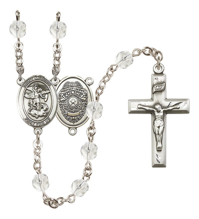 Pewter St. Michael Police Office centerpiece and small traditional crucifix with 6mm Fire Polished Crystal Birthstone Rosary in Crystal, Bliss Manufacturing