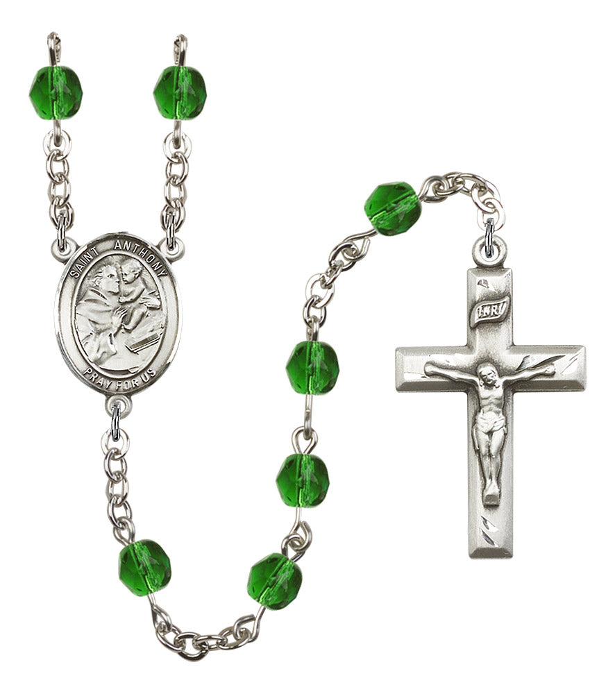 Bliss St Anthony of Padua Fire Polished Crystal Birthstone Rosary in Emerald,