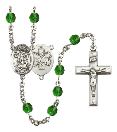 Pewter St. Michael EMT centerpiece and small traditional crucifix with 6mm Fire Polished Crystal Birthstone Rosary in Emerald, Bliss Manufacturing
