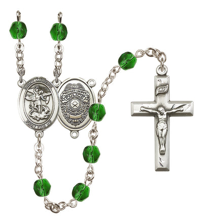 Pewter St. Michael Police Office centerpiece and small traditional crucifix with 6mm Fire Polished Crystal Birthstone Rosary in Emerald, Bliss Manufacturing