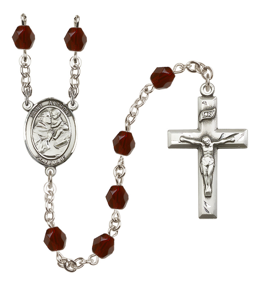 Bliss St Anthony of Padua Fire Polished Crystal Birthstone Rosary in Garnet,