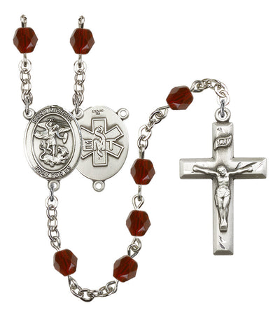 Pewter St. Michael EMT centerpiece and small traditional crucifix with 6mm Fire Polished Crystal Birthstone Rosary in Garnet, Bliss Manufacturing