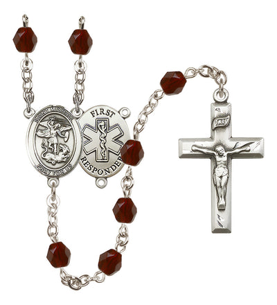 1st Responder St Michael Sapphire Birthstone Crystal Rosary in Garnet, Bliss Manufacturing